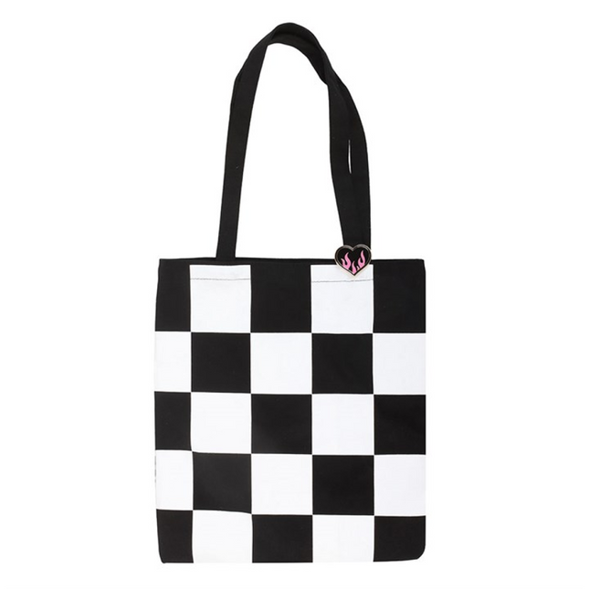 Checkerboard Print Polycotton Tote Bag with Enamel Heart Pin Badge