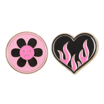 Burning Heart and Sad Flower Pin Badge Set