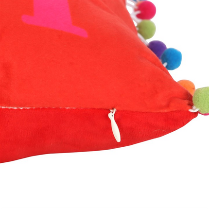 Red Holly Jolly Cushion with Pom Poms