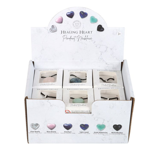 Set of 24 Healing Heart Crystal Necklaces in Display