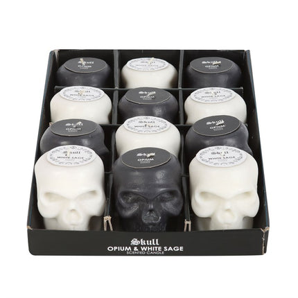 Set of 12 Opium & White Sage Skull Candles in Display