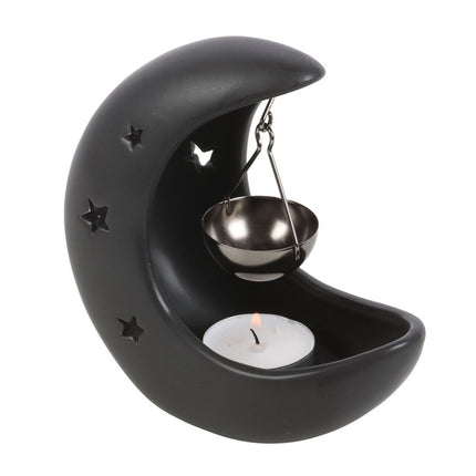 *Black Crescent Moon Hanging Ceramic and Gunmetal Oil Burner (12/48)
