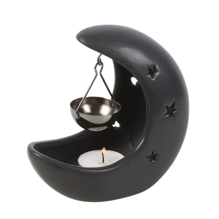 *Black Crescent Moon Hanging Ceramic and Gunmetal Oil Burner (12/48)