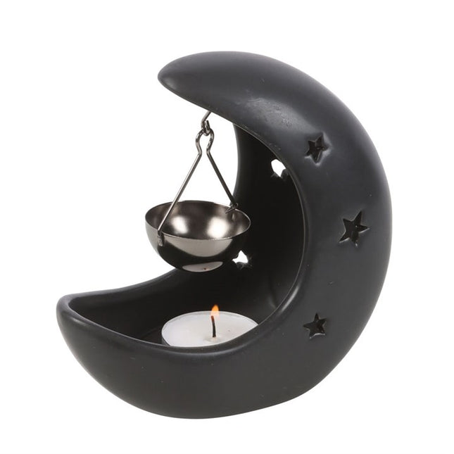*Black Crescent Moon Hanging Ceramic and Gunmetal Oil Burner (12/48)