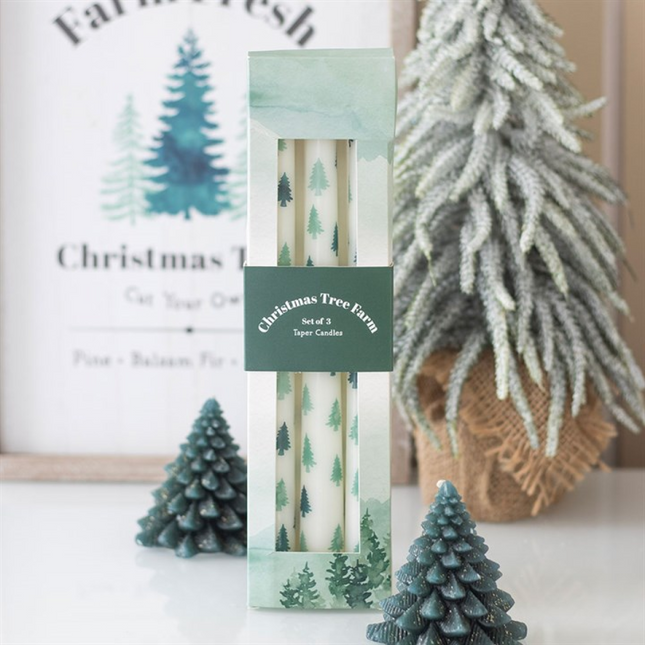 Set of 3 White Fir Tree Taper Candles