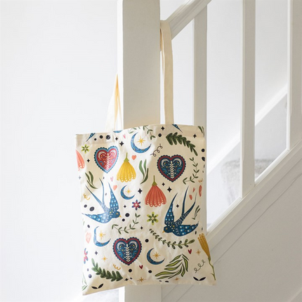 Cream Folk Print Polycotton Tote Bag
