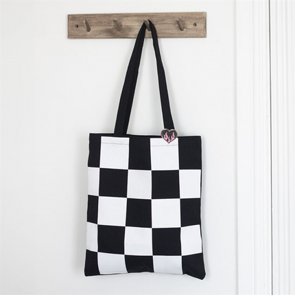 Checkerboard Print Polycotton Tote Bag with Enamel Heart Pin Badge
